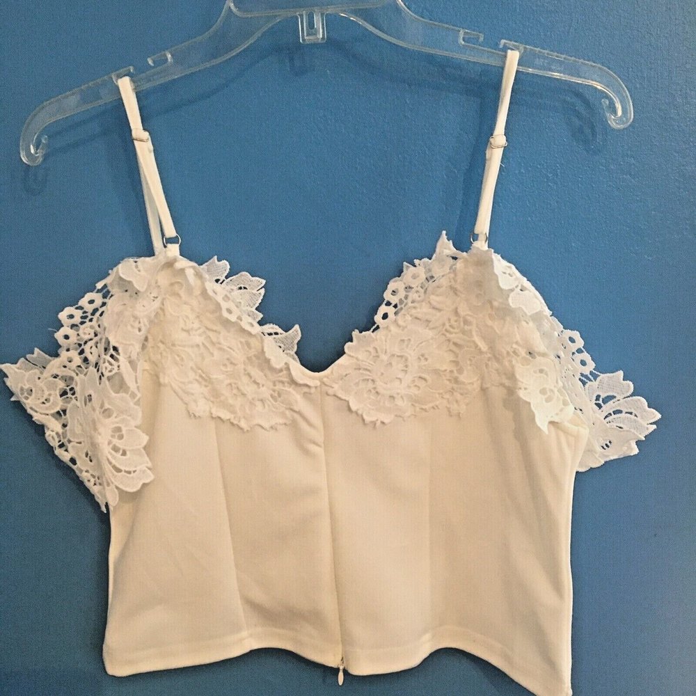 Crop Top Blouse White Bare Shoulder Spaghetti Strap Lace Sleeves - Picture 2 of 7